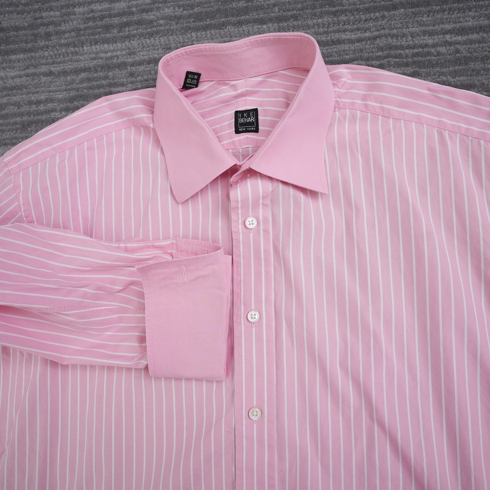 Ike Behar New York Mens Dress Shirt Pink White Stripe French Cuff 17 35‎ Cotton